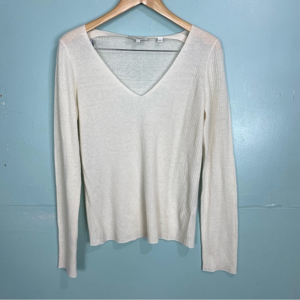 Vince Women's Cashmere Slim Rib V Neck Sweater Cream Sz XL